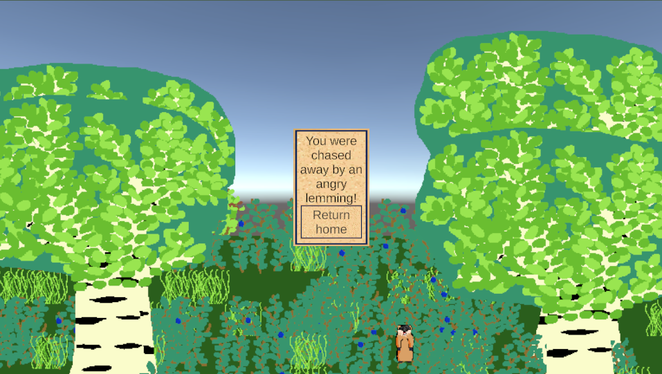 End screen after the player is chased away by an angry lemming hidden among the bushes.